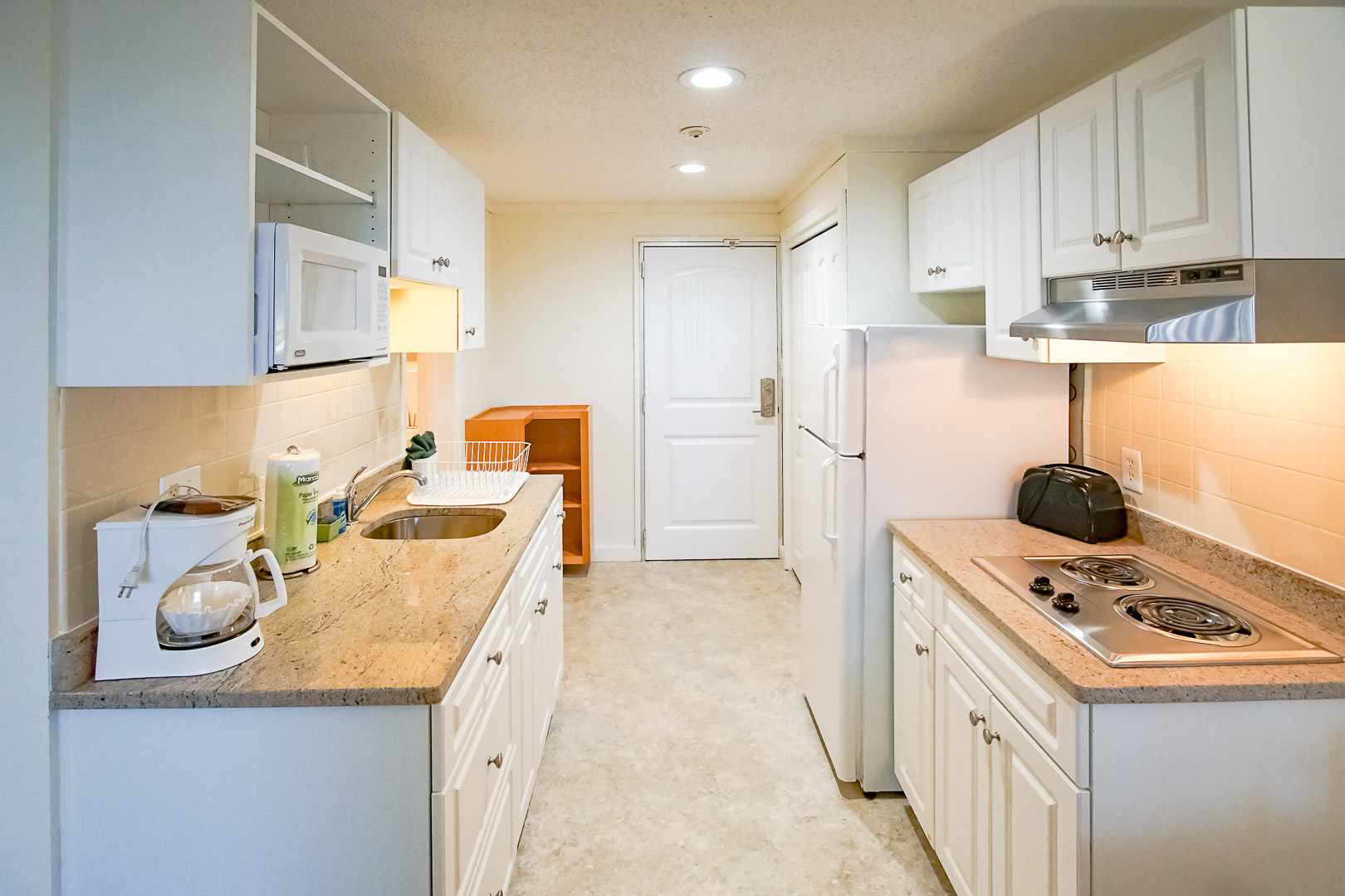 A renovated kitchen area at VRI's Courtyard Resort in Massachusetts.
